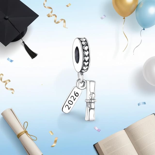 Detalle de PHCLASY 2026 Pink Abschluss Cap Stars Charm-Anhänger (Kompatibilität für Armband) – Herz-Schmuck für Schulabschluss