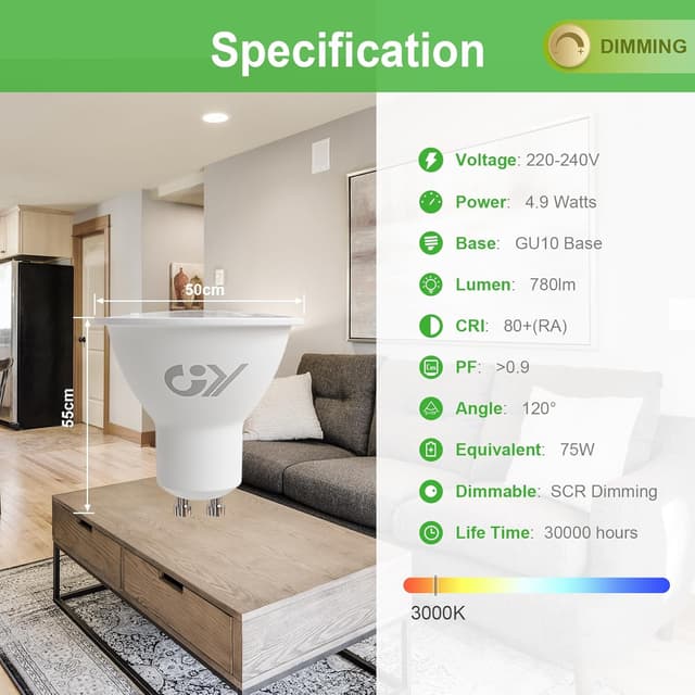 Detalle de GY GU10 dimmbare LED-Lampe, 4,9 W warmweiß (3000 K) – ersetzt 75 W, 120° Abstrahlwinkel, 10er-Pack