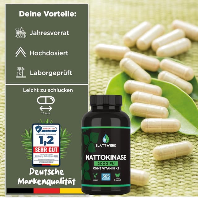 Detalle 2 de BLATTWERK Nattokinase 2000 FU – 365 Kapseln mit 100 mg (Jahresvorrat, vegan)