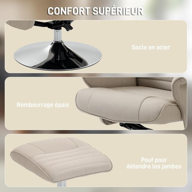 Detalle 2 de HOMCOM Fauteuil Relax inclinable 135° beige