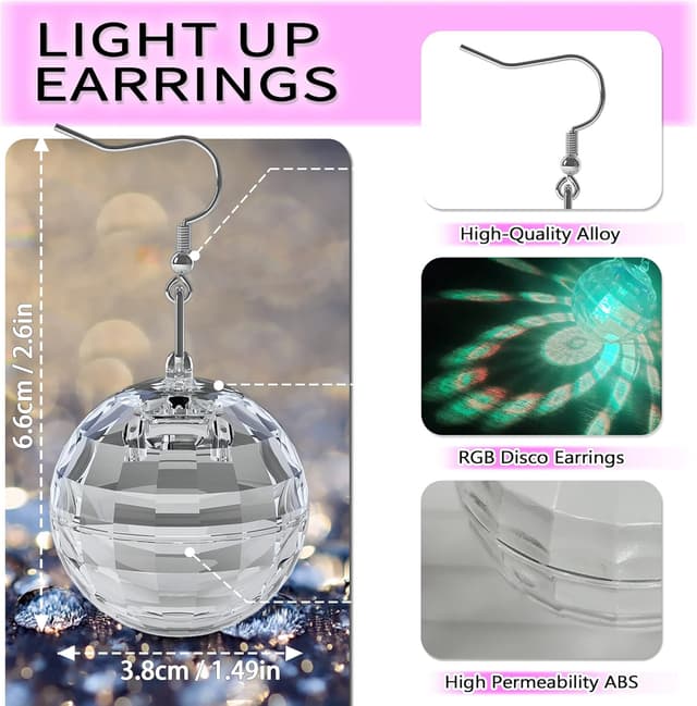 Detalle 2 de LED Ohrringe „Rhombic Discokugel“ mit 16 Lichtmodi, wiederaufladbar – Party-Accessoire für Disco, Rave & Co.