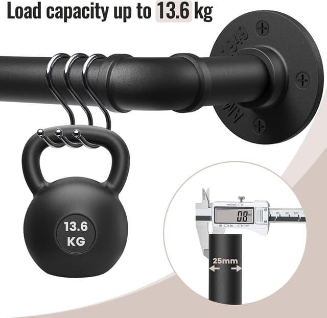 Thumbnail 6 de DEFYNEE 25mm Adjustable Industrial Curtain Pole for Eyelet Curtains (80–305cm) – Black metal