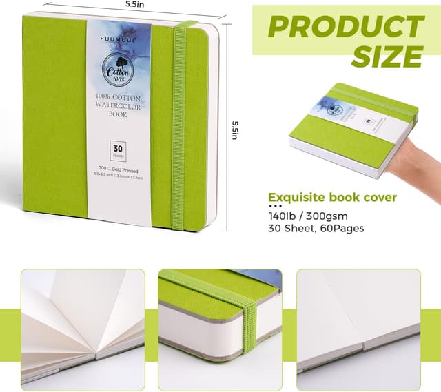 Detalle 2 de Fuumuui 30 Sheets Watercolour Journal (5.5 x 5.5 in) – 100% Cotton Cold Pressed Watercolour Paper, 140lb/300gsm