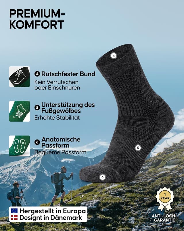 Thumbnail 2 de DANISH ENDURANCE Leichte Merino-Woll Wandersocken 3 Paar
