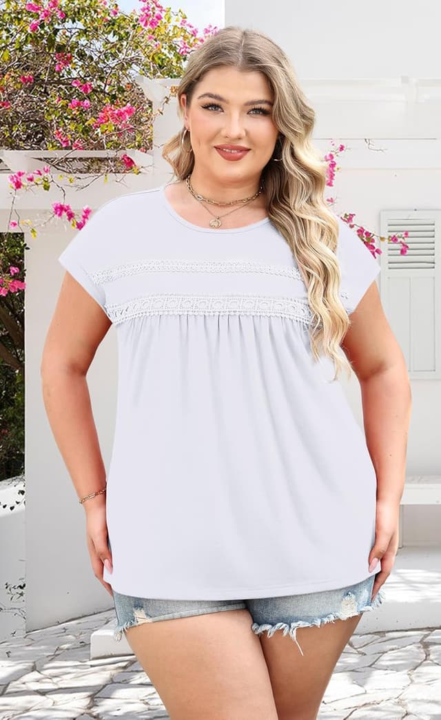 Detalle de WIHOLL Lace Crochet Cap Sleeve Summer Top (Crew Neck, Loose Fit Peplum)