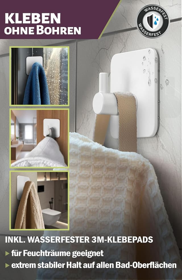 Detalle 2 de Menz Handtuchhaken ohne Bohren – 6er Set weiße Edelstahl-Klebehaken mit 3M-Klebepads