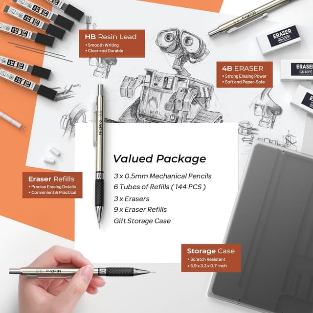 Detalle de Nicpro 0.5 mm mechanical pencil set (3 pcs) with storage case and HB lead refills