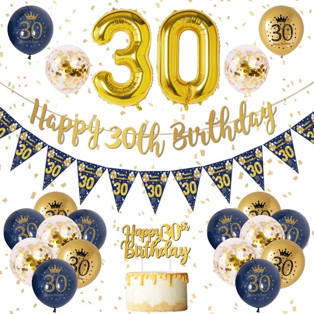 Detalle de VICTERR 30th Birthday Decorations for Men (Blue & Gold) – bunting banner, foil balloons and confetti balloons