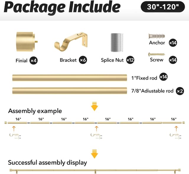 Detalle 2 de GEEBOBO 2-Pack Gold Adjustable Curtain Rods (66–120 inch) for Wall Mount Windows