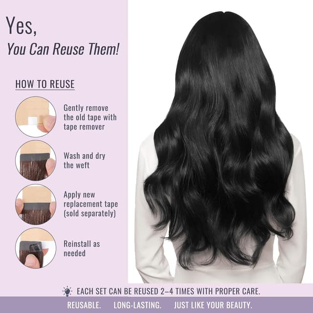 Thumbnail 6 de Fshine Tape-in Extensions Echthaar Tiefschwarz (30 g, 20 Stück) – Remy-Haar mit doppelseitigem Klebeband