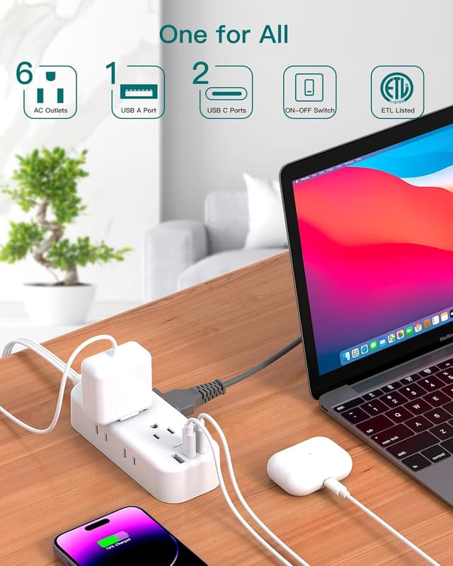 Detalle 2 de Extension Cord 15 ft Power Strip Surge Protector with 6 AC Outlets and 3 USB Ports (2 USB-C)