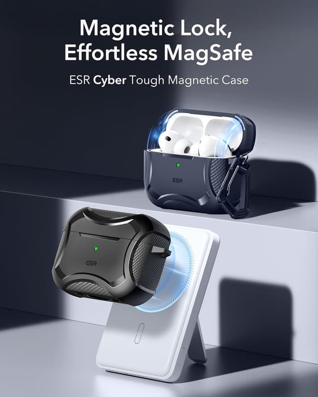 Detalle de ESR Hülle für AirPods Pro 3 (2025) mit USB‑C – MagSafe-ready, magnetischer Deckel & Fallschutz (Cyber-Serie), schwarz