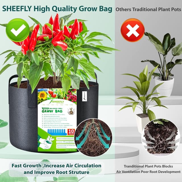Detalle de SHEEFLY 10 Pack 5 Gallon Grow Bags (Non-woven Fabric) with Reinforced Handles and 10 Plant Labels