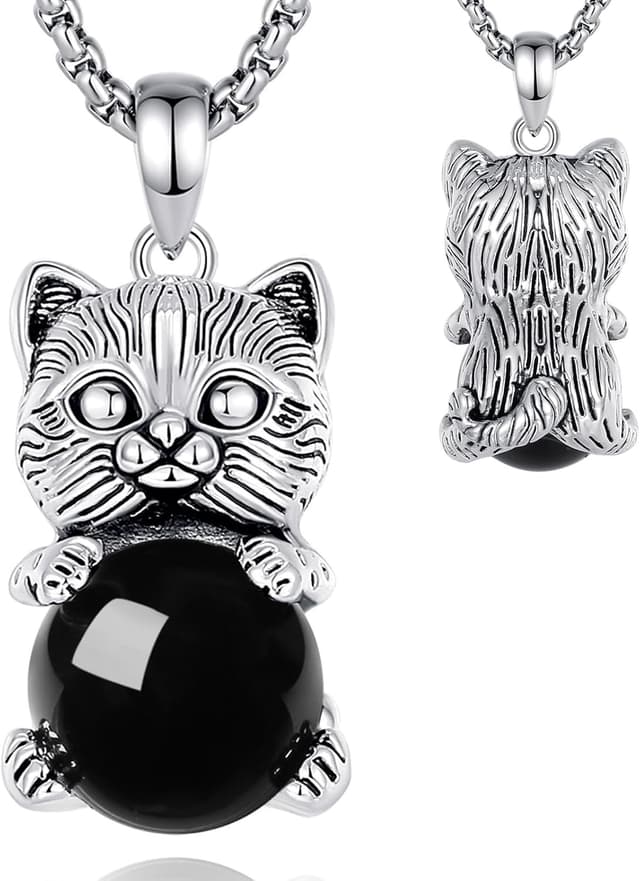Detalle de INFUSEU Kristall Katze Anhänger Kette – sphärische Kristalle mit Katzenmotiv aus Kupfer, Gothic-Schmuck als Geschenk