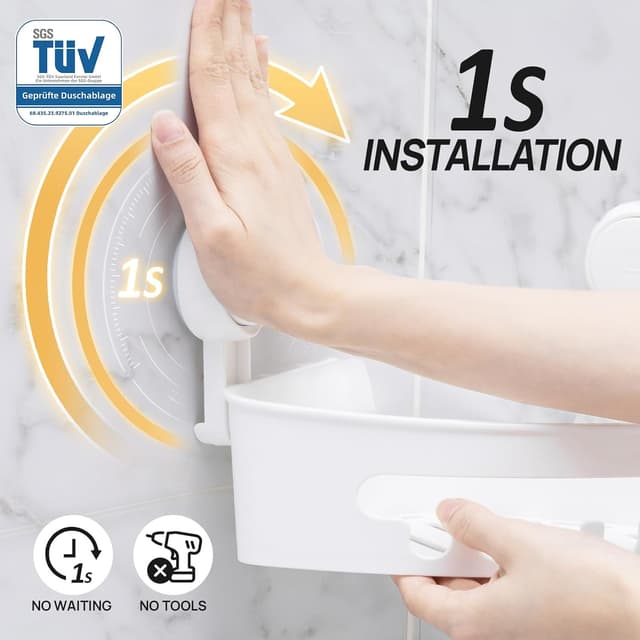 Detalle de LEVERLOC Corner Shower Caddy Suction Cup 2 Pack (Triangle Shelf, No Drilling) – White