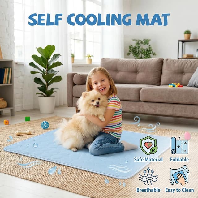 Detalle de Qoosea Tappetino rinfrescante per cani e gatti in seta di ghiaccio, 55 × 70 cm (blu)