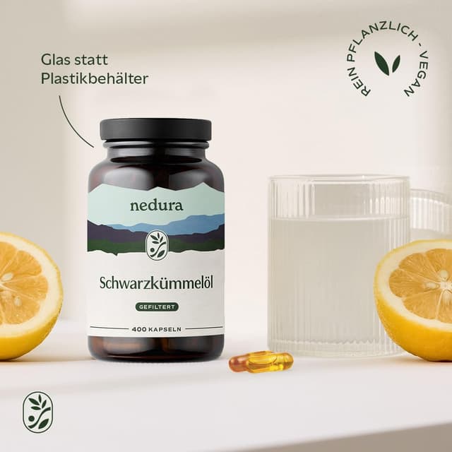 Detalle 1 de nedura® Schwarzkümmelöl Kapseln (400 Stück) – kaltgepresst, gefiltert, 1.000 mg Tagesdosis in veganer Kapselhülle