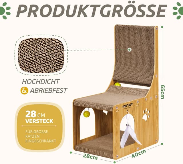 Detalle de Pawtasy Kratzbrett Katzen Kratzpappe 2-in-1 für Wand & Ecke inkl. Ballspielzeug