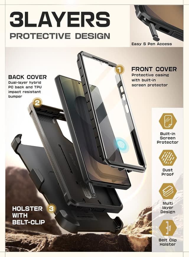 Detalle de SUPCASE for Samsung Galaxy S25 Ultra Case with Stand (Unicorn Beetle Pro) — built-in screen protector, kickstand & rotating belt-clip, Black