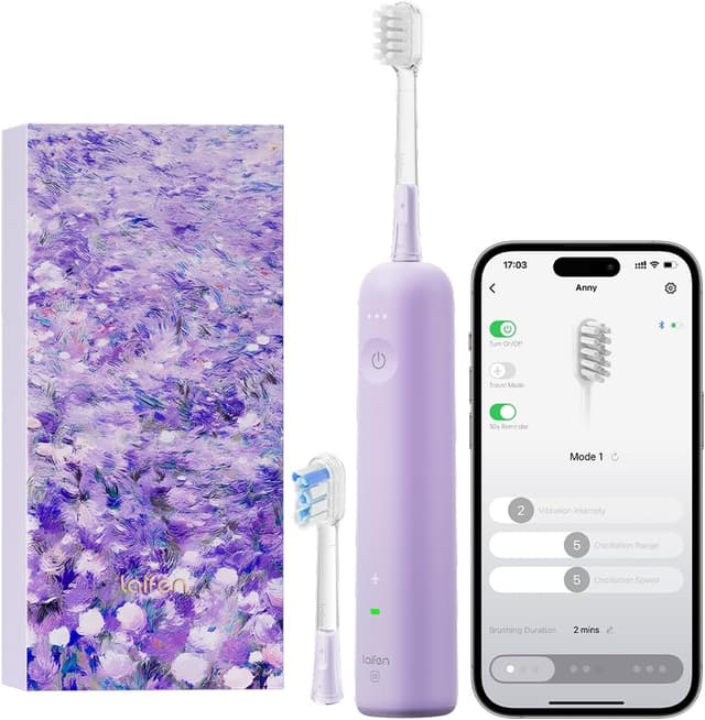 Detalle de Laifen Wave Special Spazzolino Elettrico Sonico con Oscillazione & Vibrazione e App, IP68, 2 Testine di Ricambio (Viola)