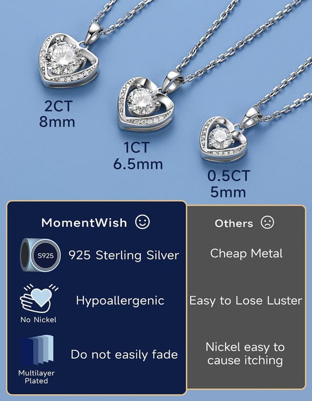 Detalle de MomentWish Damen Halskette aus 925 Sterling Silber mit Herz-Anhänger & Moissaniten (1–2 Karat)