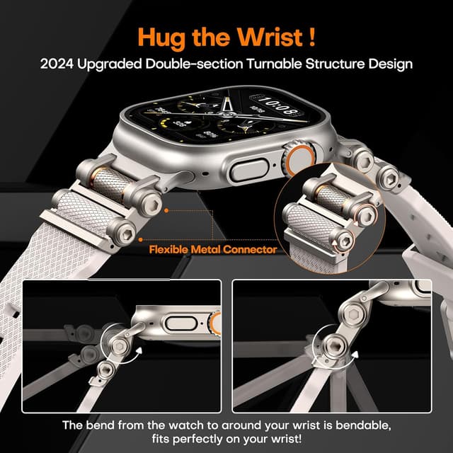 Detalle 2 de TAURI Liquid Silicone Adjustable Band for Apple Watch Ultra/Series (Starlight) with Stainless Steel Metal Connector