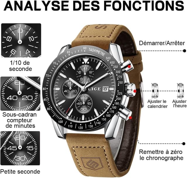 Detalle 2 de LIGE Montre Homme chronographe analogique Quartz bracelet cuir souple 45 mm