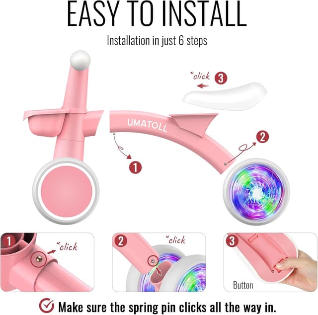 Detalle 2 de Umatoll Colorful Lighting Baby Balance Bike (New Pink) — Adjustable Seat for 12–24 Months