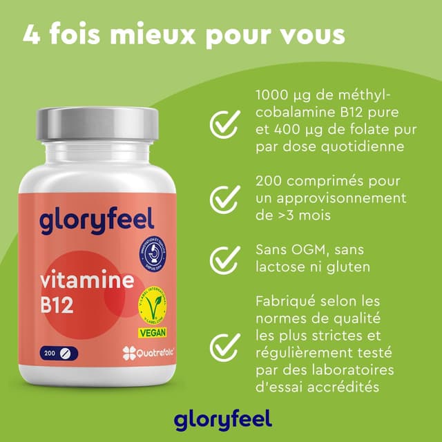 Detalle de Gloryfeel Vitamine B12 200 comprimés – 1.000 mcg/jour, 2 formes bioactives dont hydroxocobalamine + acide folique 5-MTHF (Quatrefolic®)
