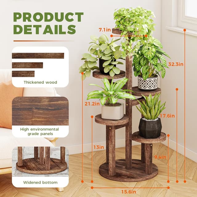 Detalle de Bamworld 5-Tier Tall Plant Stand (Indoor Corner Wood Plant Shelf) for up to 5 potted plants