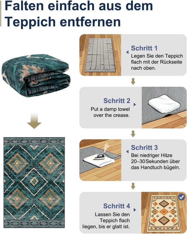 Detalle de Tapis de salon lavable en machine DEFYNEE 180 x 270 cm style marocain, bleu canard