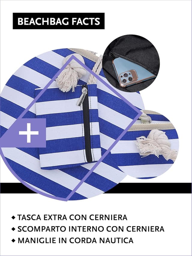 Detalle de DonDon Borsa da spiaggia grande con chiusura zip 58 x 38 x 18 cm stile marinaro