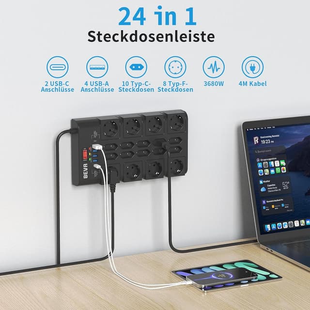 Detalle 2 de BEVA 18-fach Mehrfachsteckdose mit USB‑C und 4 m Kabel (3680 W/16 A) + 2100 J Überspannungsschutz