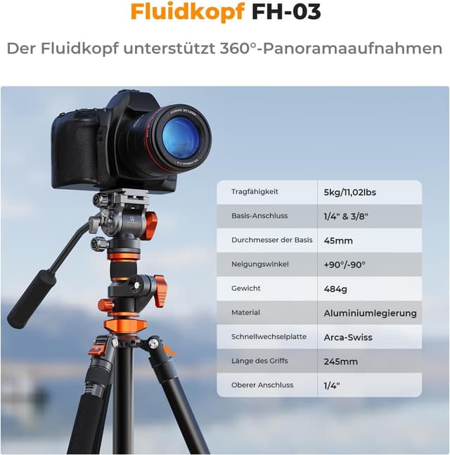 Detalle de K&F CONCEPT Videostativ Fluidkopf, 231 cm