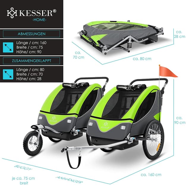 Thumbnail 6 de KESSER Kinderfahrradanhänger 360° drehbar (2in1 Joggerfunktion) mit Federung und 5-Punkt-Gurt, inkl. Warnfahne