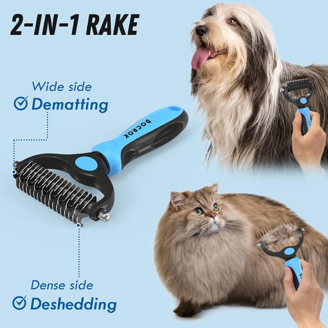Thumbnail 1 de Docrok Pet Grooming Combo (Blue) Double-Sided Deshedding Brush + Metal Detangling Comb