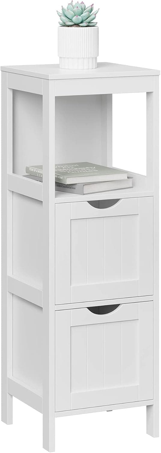 Detalle de VASAGLE Mobile da bagno bianco BBC42WT con 2 cassetti e ripiano aperto