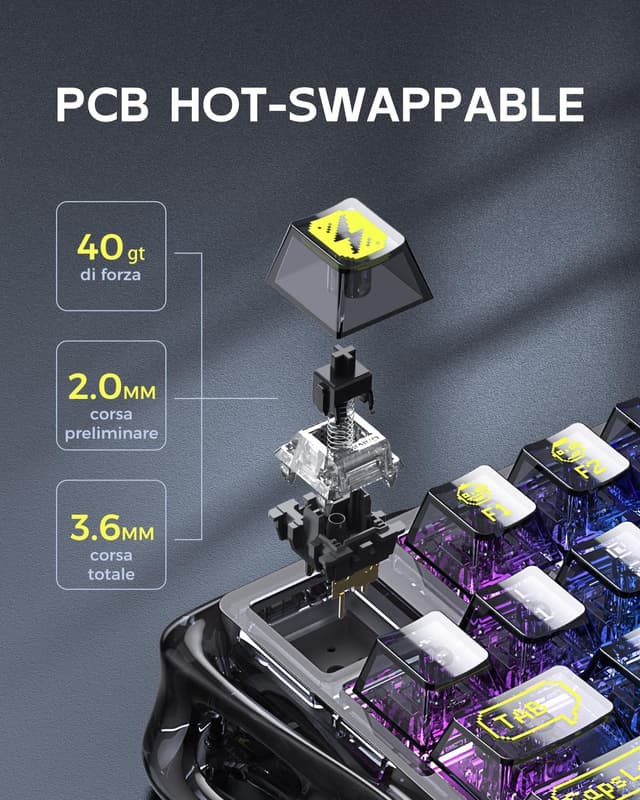 Detalle de GravaStar Mercury K1 Lite tastiera meccanica wireless 75% con BT 5.0/2.4G/USB-C e RGB