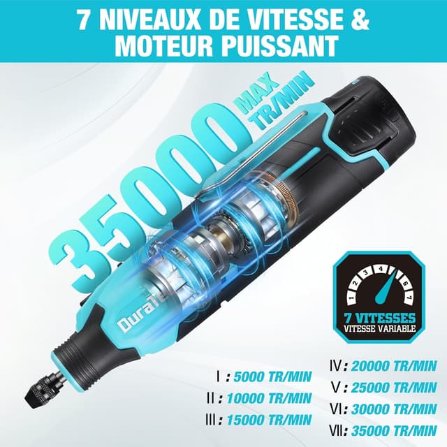 Detalle de DURATECH Outil rotatif multifonction sans fil 12 V (118 accessoires) — 7 vitesses variables 5000 à 35000 tr/min