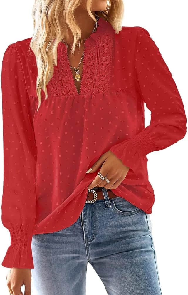 Detalle de TUUHAW Langarmshirt Damen mit V-Ausschnitt & Häkelverzierung im Boho-Stil