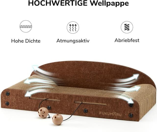 Detalle de FUKUMARU 53,3 cm Karton-Katzenkratzer mit Glockenball-Spielzeug – Kratzbett für Indoor