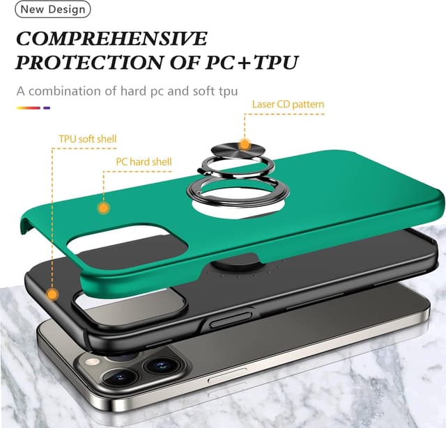 Detalle de SORAKA Hülle für iPhone 14 Pro mit unsichtbarem Ringhalter und Metallplatte für magnetische Autohalterung