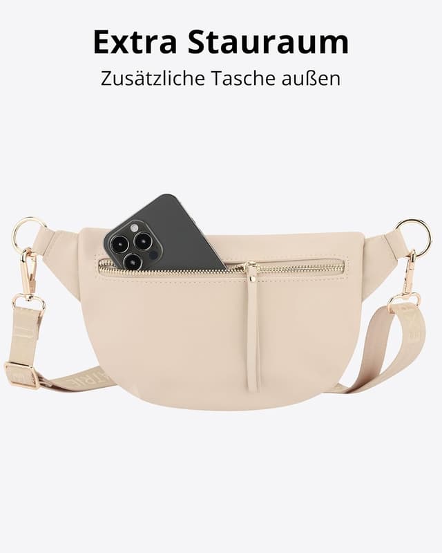 Detalle de Expatrié Alice Small Bauchtasche Damen in Beige – Gürteltasche für Festival, Reisen & Alltag (veganes Kunstleder)
