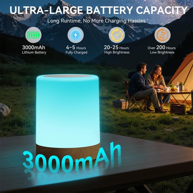 Detalle de Auxmir Night Light Rechargeable Bedside Table Lamp (3000mAh) with Touch & Remote, RGB Colour Changing, Dark Brown