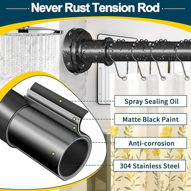 Thumbnail 1 de Black Shower Curtain Rod 36-84 Inch Adjustable đ