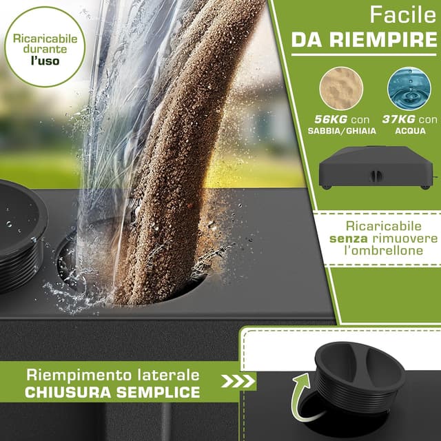 Detalle de tillvex® Base per ombrellone GRAVIA con ruote e freni, zavorra riempibile 37 L/56 kg, per palo Ø 1,8–3,7 m, nero