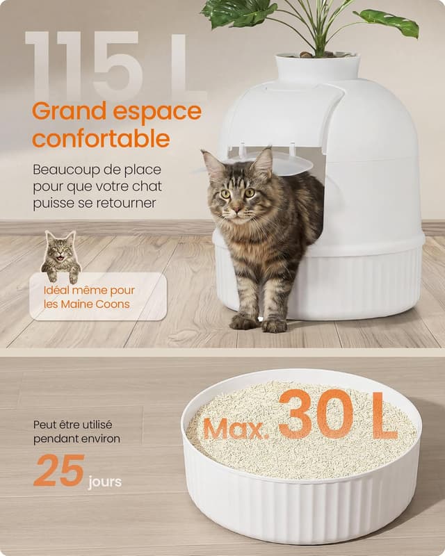 Detalle de Meuble litière pour chat Feandrea avec fausse plante, porte basculante et filtre à charbon (blanc nuage) PPT006W101