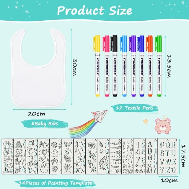 Detalle de Vicloon Bambino set bavaglini bianchi fai da te con stencil e pennarelli per stoffa (29/30/12 pz) per baby shower e ricordi