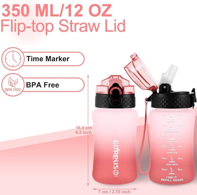 Detalle de GOPPUS 350ml Kids Water Bottle with Straw, Flip Top Lid & Strap (Blush Pink Ombre)