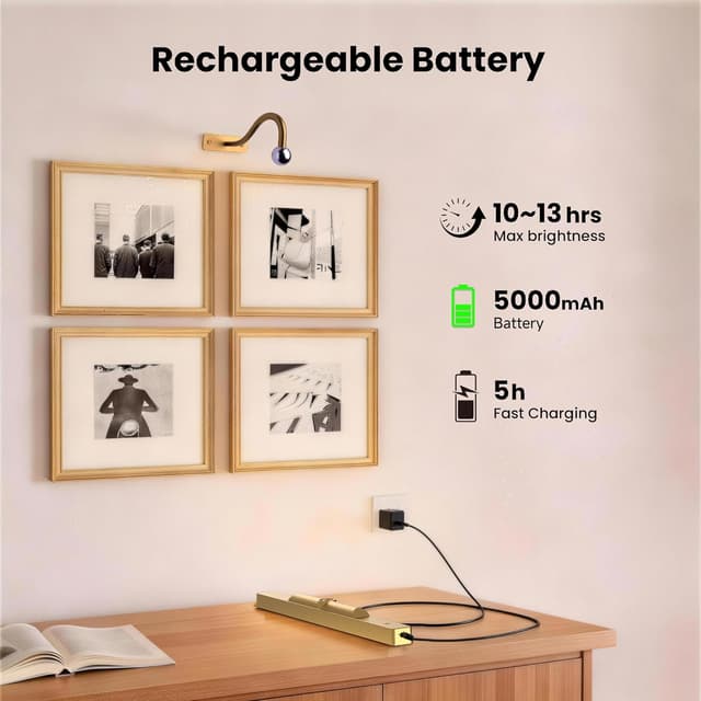 Detalle de Craftersmark Picture Light Battery Rechargeable (3-Pack) with Remote, 3 Color Modes, Dimmable, Timer — Antique Gold